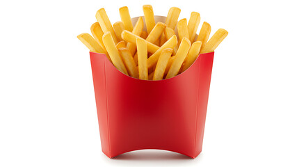 Crispy golden french fries in a red paper container, isolated on a white background