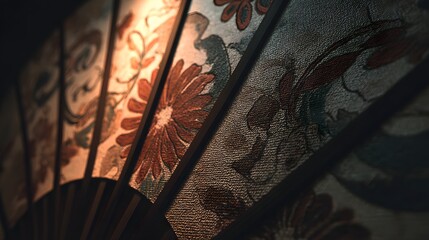 Close-up view of intricate floral patterns adorning the ornate sections of a traditional fan.
