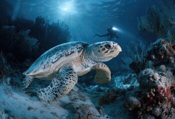 Fototapeta premium Sea turtle in coral reef, diver in background