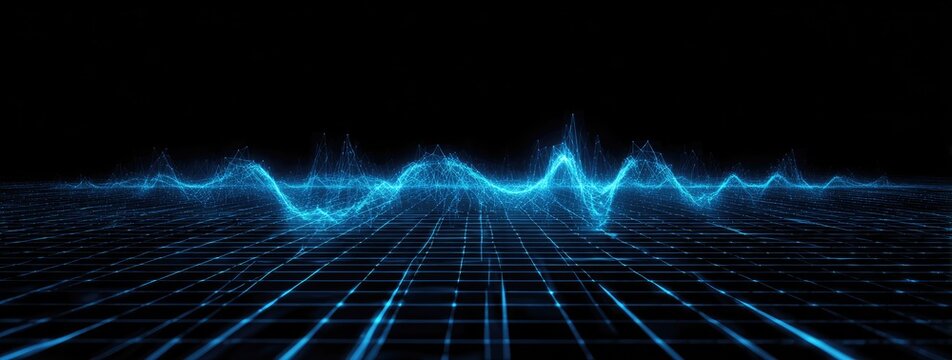Abstract digital landscape with glowing blue grid and waveforms