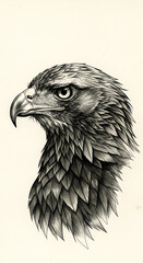 Side profile of an eagle with sharp beak and intense gaze, feathers detailed against a neutral background