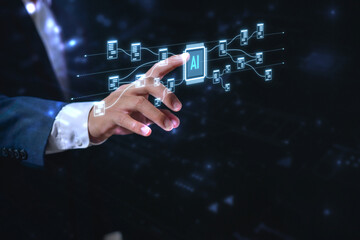 hand pointing at AI chip and digital network interface, symbolizing artificial intelligence, data processing, machine learning, automation, future technology innovation.