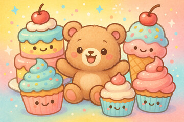 Happy Plush Character Surrounded by Giant Pastel Cakes Cupcakes and Ice Cream Smiling Cartoon Kawaii Illustration