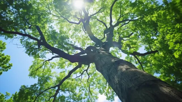 下から見上げた木と空と日光の動画