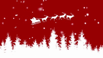 Magical Christmas scene animation with Santa Claus flying in sleigh pulled by reindeer across snowy winter pine forest on festive red background filled with falling snowflakes. - Powered by Adobe