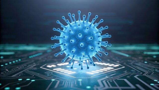 AI threats in healthcare systems glow in digital microchip scene, blue virus model floats over circuit board tech, urgent mood and clinical clarity