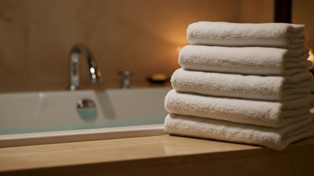 Stack of fresh clean white towels in spa like bathroom setting