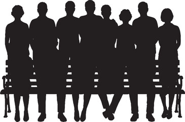 Eight People Sitting on Park Bench Silhouette Vector