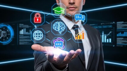 AI agent learning concept showing digital brain interface and machine learning icons in businessman hand, symbolizing intelligent automation, data processing, neural networks and smart technology - Powered by Adobe