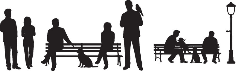 Urban Park People and Animal Silhouettes Collection with Benches and Street Lamp