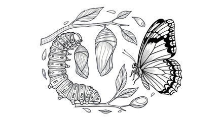 Metamorphosis drawing showing the transformation of a caterpillar into a butterfly on white