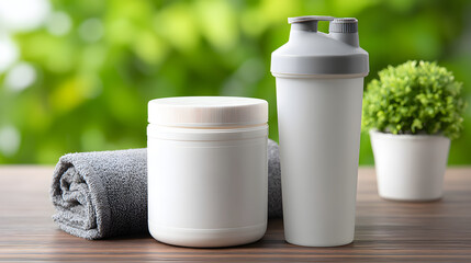 Minimalist protein powder tub shaker bottle white container gym towel wooden table green background fitness supplement plastic jar screw lid flip cap workout gear clean design healthy lifestyle
