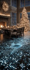Magical yuletide atmosphere by the flickering flame. Human interaction. Rich textures and details: festive settings by fire. Technology progress. Smart systems.