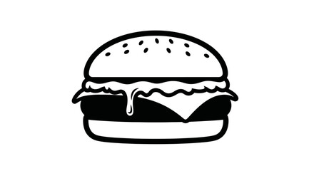 Monochrome hamburger illustration with dripping cheese and sesame seed bun offering simple appeal