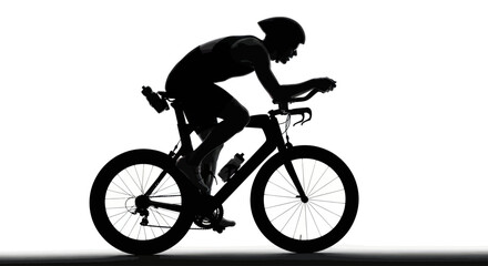 Obraz premium Silhouette of endurance athlete on a triathlon bike against a white backdrop showcasing speed and
