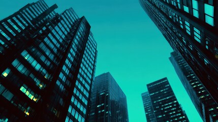 Fototapeta premium Aerial view of towering skyscrapers under a twilight sky, showcasing modern architecture and city life