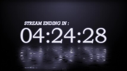 white clean countdown for live stream ending soon, 5 minute timer, tech aesthetic for gaming, outro, wait screen Animation of glowing neon 5 minute countdown timer .5 minute stopwatch , analog neon
