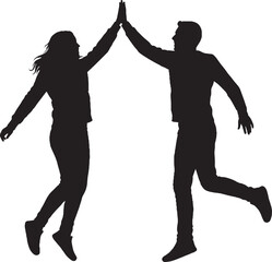 Energetic High Five Silhouette of Jumping Man and Woman Celebrating Success and Teamwork