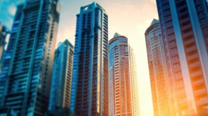 Modern skyscrapers reaching towards the sky during sunset, with a vibrant city skyline in the background