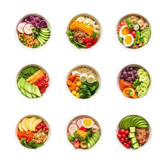 Nine colorful healthy poke bowls isolated on transparent background