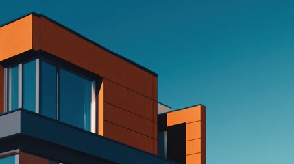 Modern architectural design featuring orange and blue elements against a clear sky backdrop