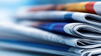 Close-up of neatly stacked newspapers showcasing colorful headlines and articles in a blurred background