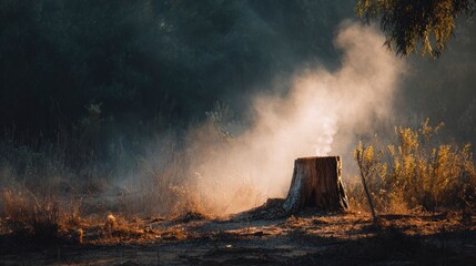 Misty forest stump sunrise