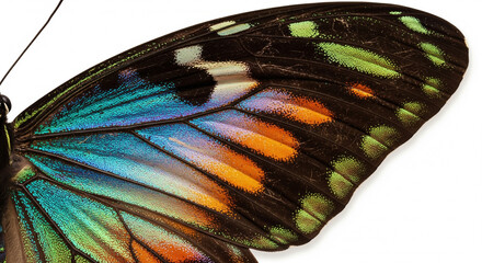 Close-up of a vibrant butterfly wing showcasing intricate patterns and a spectrum of iridescent blue, green, orange, and black colors on an isolated transparent background.