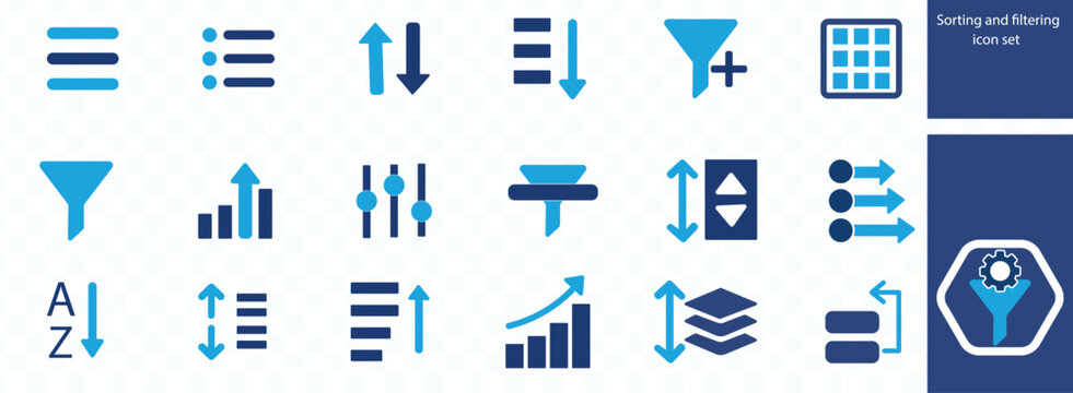 Sorting and filtering icon set. filter, list, arrange, refine, sort, organize, priority, reorder, category and more. Solid vector icons collection.