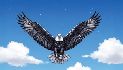 Naklejka premium Majestic Eagle Soaring High: An awe-inspiring illustration depicts a bald eagle in mid-flight against a vast, cloud-speckled sky, its wings outstretched. It embodies freedom, power.