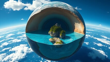 Fototapeta premium A cutaway Earth core reveals an azure ocean with floating islands, defying natural laws.