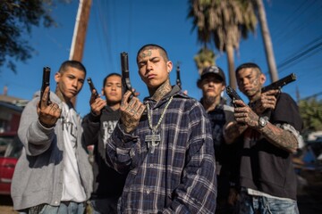 Young gang members holding guns on a city street