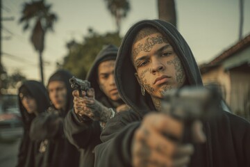 Young gang members holding guns on a city street