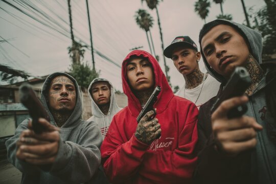 Young gang members holding guns on a city street