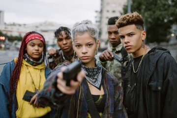 Fototapeta premium Young gang members holding guns on a city street