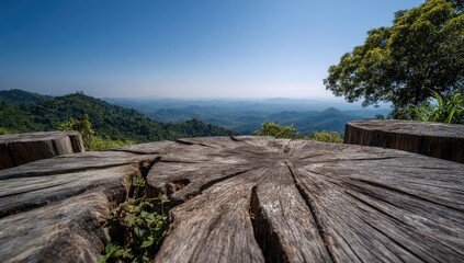 Panoramic mountain vista from a wooden table top