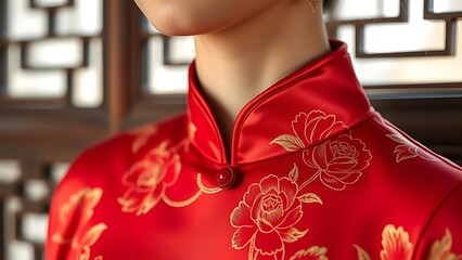 A silk cheongsam collar embroidered with peony motifs, showcasing traditional Chinese craftsmanship.