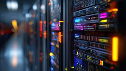 Server racks in a data center at night.  Colorful LEDs illuminate components