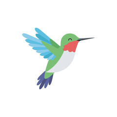 Colorful flat design illustration of a hummingbird in flight with green body, blue wings, and red throat, isolated