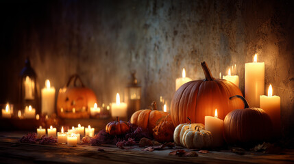 Naklejka premium Halloween Night Party with Pumpkins, Candles and Spooky Atmosphere 