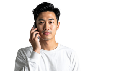 Isolated Asian man speaks on phone. Studio lighting, professional headshot with transparent background, ideal for branding or product photography.