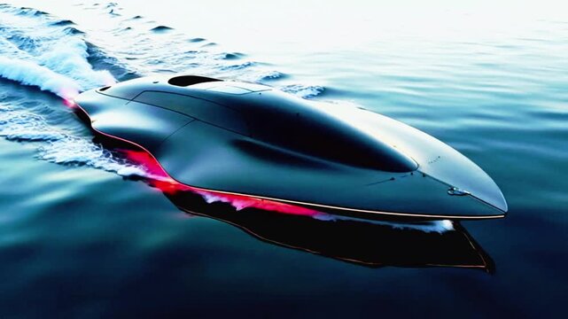 A futuristic-looking underwater vehicle or drone with a streamlined body and glowing red lights along its side, gliding through the water.