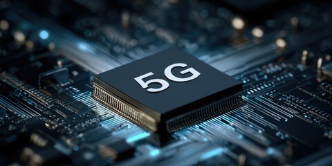 Close-up of a 5G processor on a circuit board.  High-tech detail