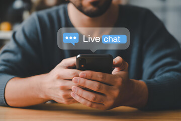 Digital Communication: Close-up shot captures the seamless interface of instant communication, illustrating the Live Chat functionality with a person. 