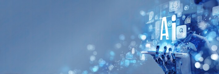 Futuristic AI concept with robotic hands holding a tablet displaying data and AI text