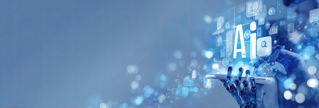 Futuristic AI concept with robotic hands holding a tablet displaying data and AI text - Powered by Adobe