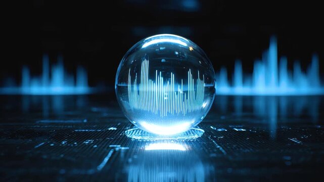 Futuristic crystal ball glowing with predictive data visualization and digital technology concept blue light and hologram dark technology background - Powered by Adobe