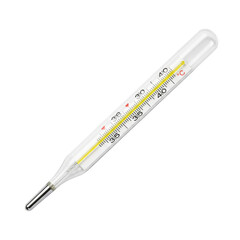 Classic mercury thermometer indicating fever, isolated against a transparent area, ready for