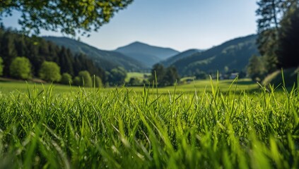 Fototapeta premium Lush green grass field with distant mountain view