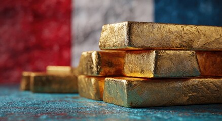 Gold ingots stacked against a French flag backdrop